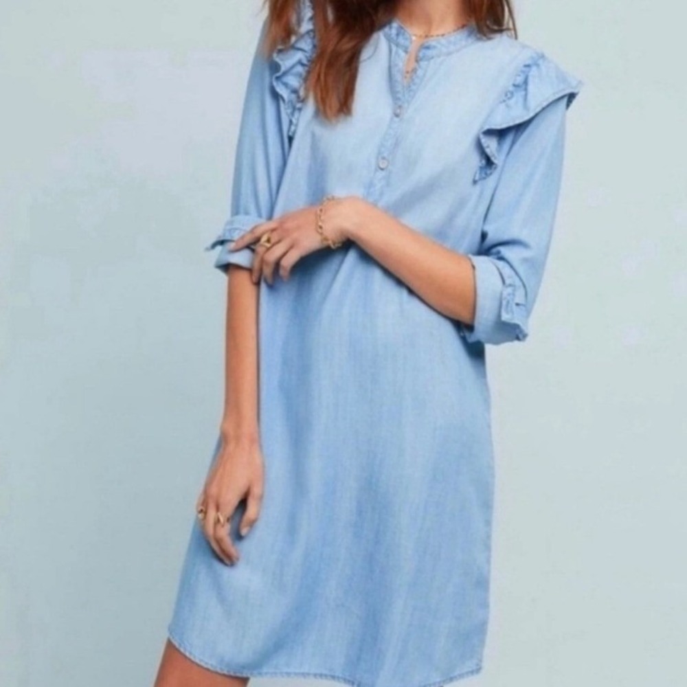 ANTHROPOLOGIE CLOTH & STONE Medium Blue Tencel Ruffle Chambray Shift Mini Dress